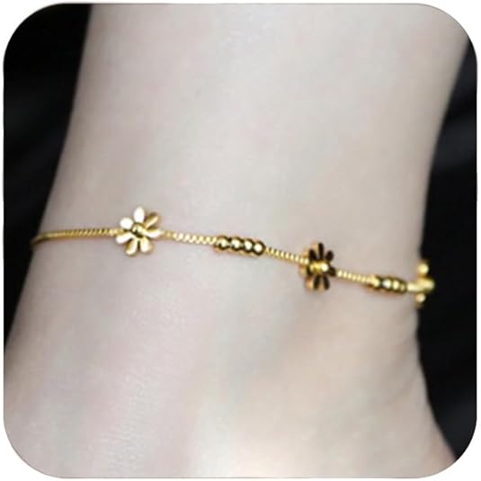 QWALIT Gold Anklets for Women Waterproof Women's Anklets Gold Plated Bracelets for Women Anklet Bracelet Round Disc Beads Starfish Shell
