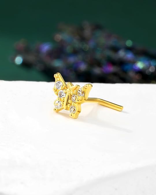 COCHARM 14K Gold Plated 925 Sterling Silver Nose Stud 20g Gold Butterfly Nose Piercing 7mm Long Flat Nose Stud Gold L Bend Nose Jewelry for Women - Image 3